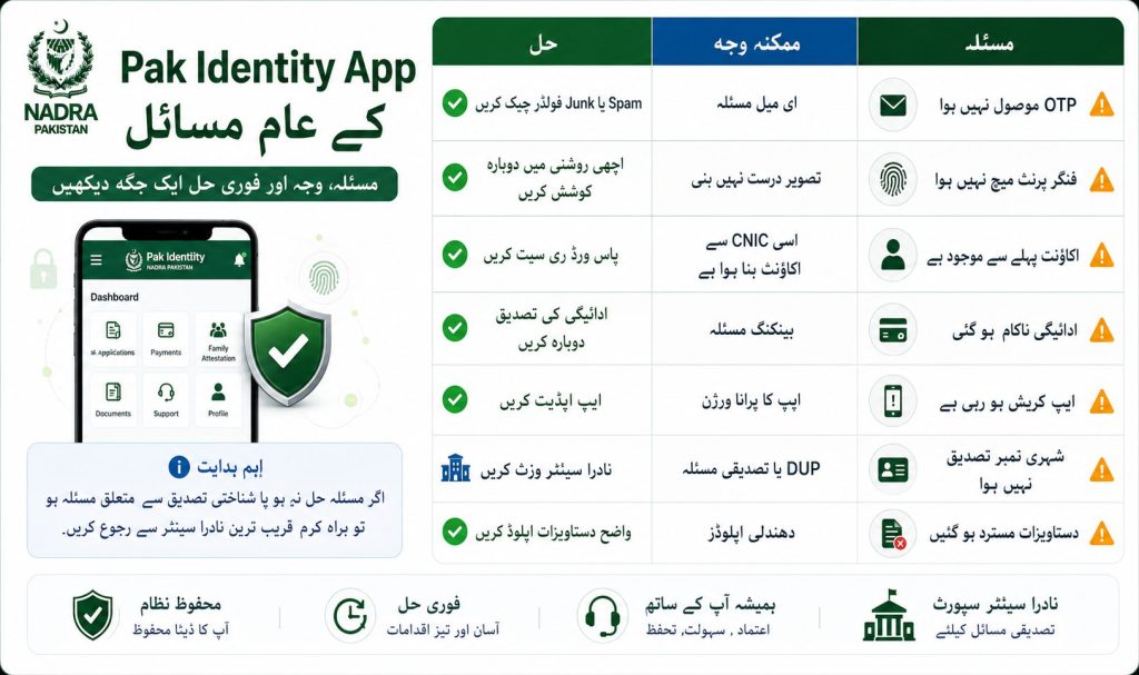 Pak Identity App common problems causes and fixes including OTP fingerprint payment app crash citizen number and document rejection issues Urdu infographic