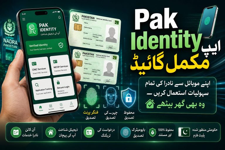 Urdu featured image showing Pak Identity App with CNIC NICOP biometric verification digital tracking and NADRA online identity services in Pakistan