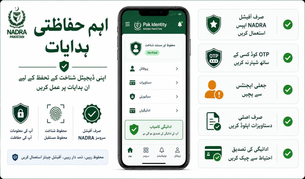 Pak Identity App important safety tips including OTP protection official NADRA apps genuine documents and payment verification Urdu infographic