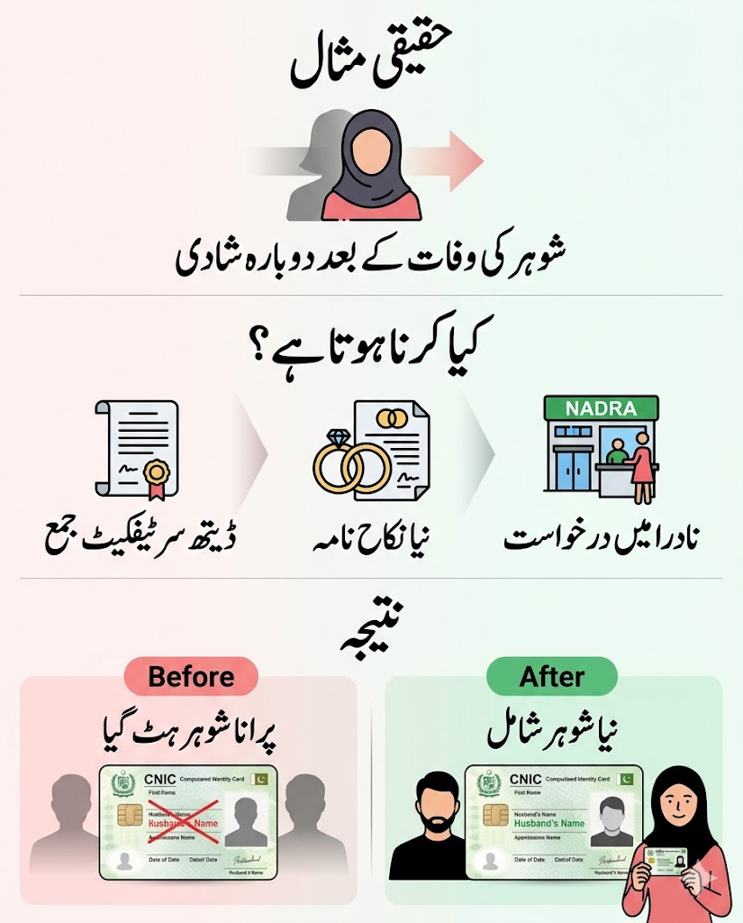 Urdu infographic showing real life scenario of updating shanakhti card after husband death and remarriage including required steps and result in Pakistan