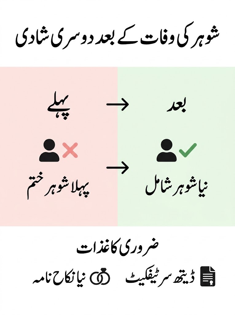 Urdu infographic showing ID card update after husband death and remarriage including removal of previous spouse and addition of new husband