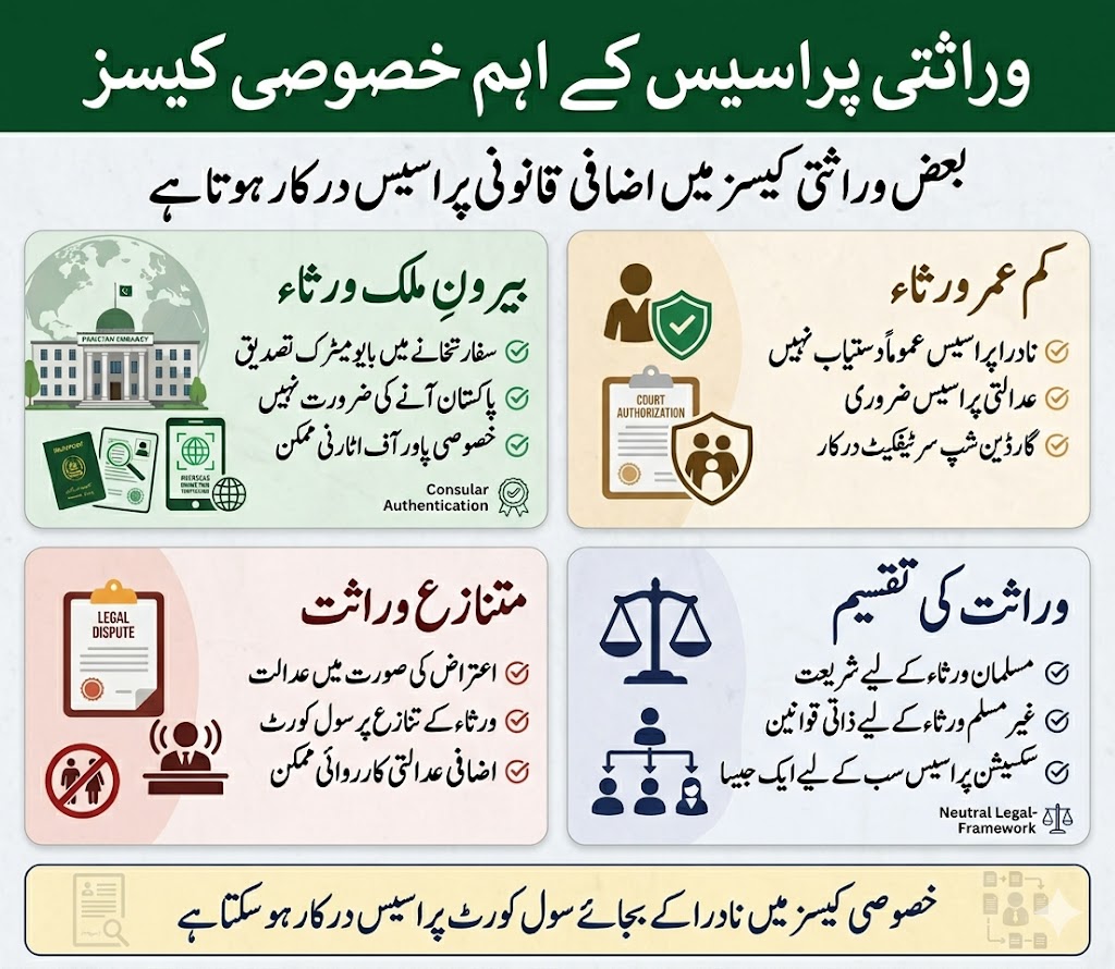Infographic explaining special inheritance cases in Pakistan including overseas heirs minor heirs contested inheritance and Muslim versus non Muslim inheritance laws