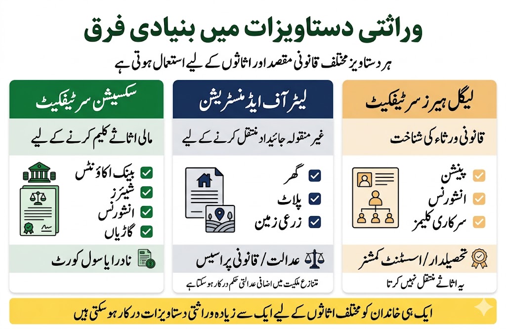 Comparison infographic explaining succession certificate Letter of Administration and Legal Heirs Certificate in Pakistan including asset types legal purpose and issuing authorities