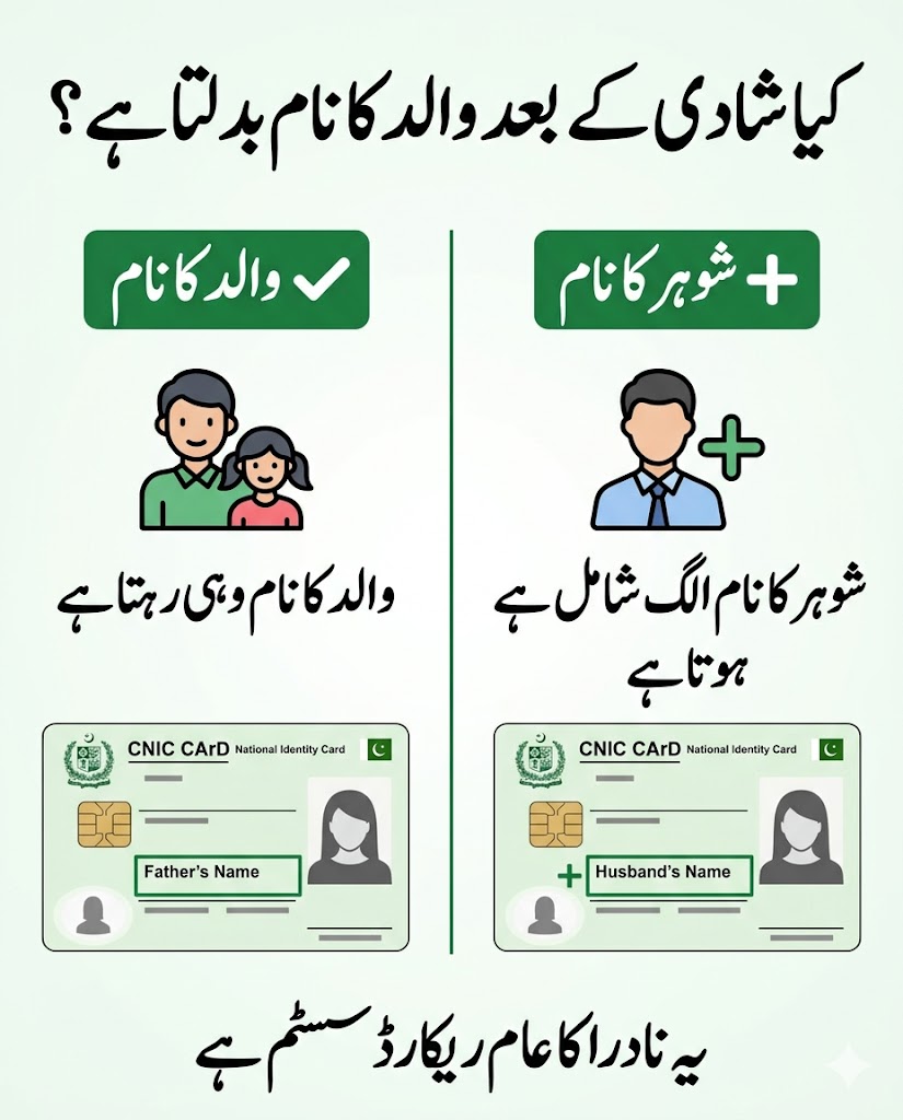 Urdu infographic explaining that father name does not change after marriage and husband name is added separately in NADRA identity record in Pakistan