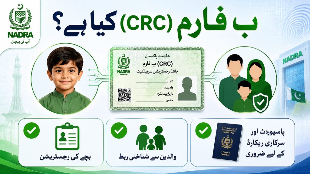 Urdu infographic explaining what CRC B-Form is in Pakistan including child registration parent linkage and passport requirement through NADRA