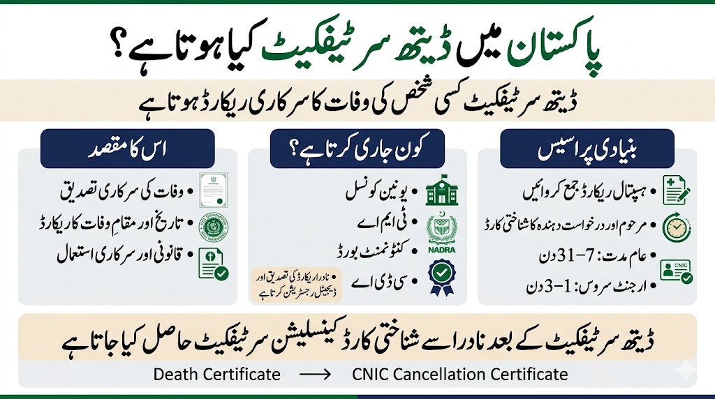 Educational infographic explaining what a death certificate is in Pakistan including issuing authorities NADRA verification processing timeline and CNIC cancellation process