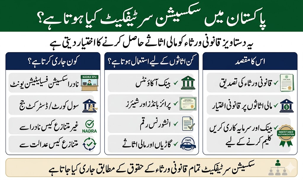 Educational infographic explaining what a succession certificate is in Pakistan including legal heirs movable assets NADRA SFU and civil court inheritance process