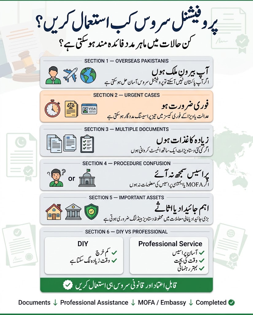 Urdu infographic explaining when to use a professional attestation service in Pakistan for death certificate attestation including overseas cases, urgent visa matters, multiple documents, and secure legal document handling.