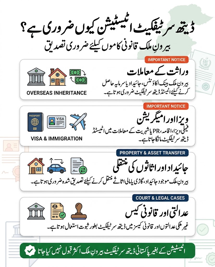 Urdu infographic explaining why death certificate attestation is required in Pakistan for overseas inheritance, visa applications, property transfer, and foreign legal cases.