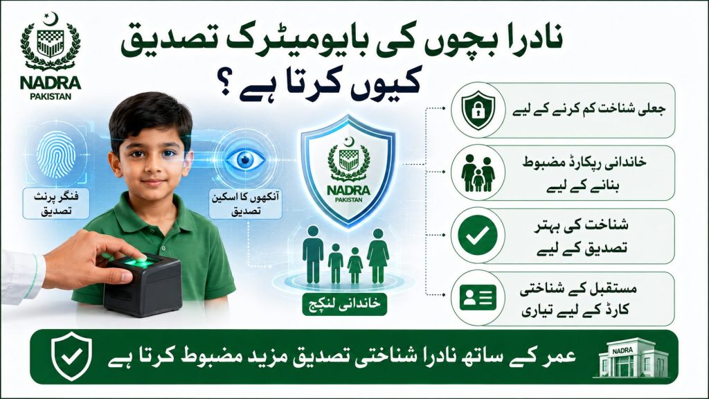 Urdu infographic explaining why NADRA uses biometric verification in child identity documents in Pakistan including fingerprint verification family records and future CNIC authentication