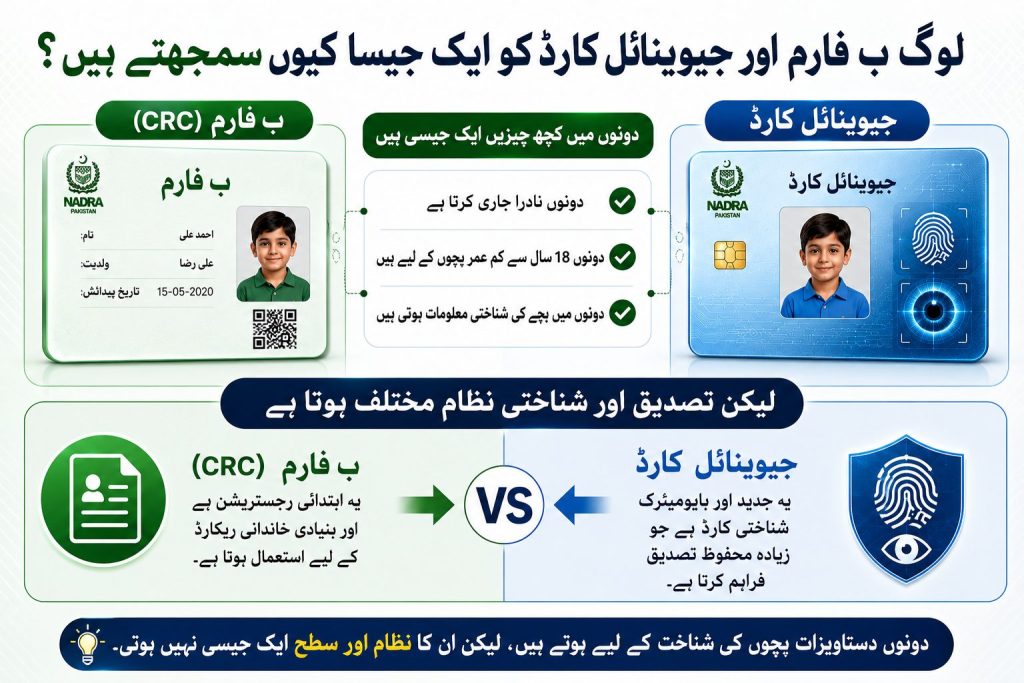 Urdu infographic explaining why many Pakistanis confuse CRC B-Form and Juvenile Card despite different biometric verification systems through NADRA