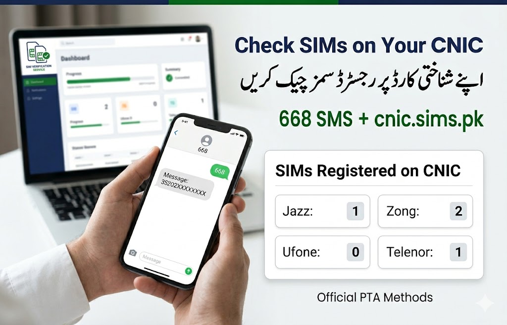 How to Check SIMs Registered on Your CNIC in Pakistan 1 Pakistani user checking SIMs registered on CNIC through 668 SMS and cnic.sims.pk using official PTA methods