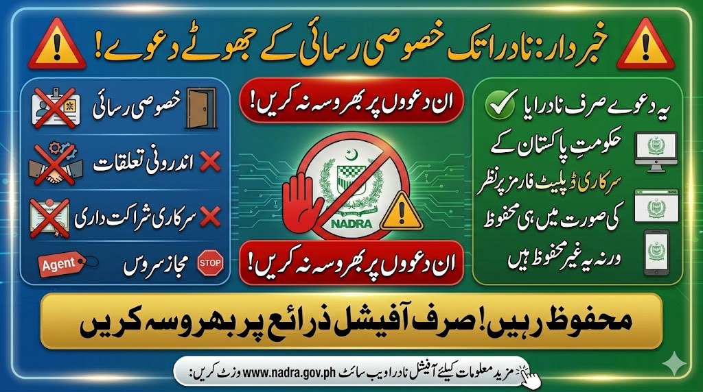 A Urdu infographic from NADRA warning against fraudulent claims. A central red 'STOP' icon and the text 'ان دعووں پر بھروسہ نہ کریں' (Do Not Trust These Claims) highlight the message. The left panel lists forbidden claims with red crosses: 'خصوصی رسائی' (Special Access), 'اندرونی تعلقات' (Inside Connections), 'سرکاری شراکت داری' (Official Partnership), and unauthorized 'Agent' services. The right panel advises to 'صرف آفیشل ذرائع پر بھروسہ کریں' (Trust Only Official Sources) which appear on NADRA or Government of Pakistan platforms. Top text says 'خبردار: نادرا تک خصوصی رسائی کے جھوٹے دعوے' (Warning: False Claims of Special Access to NADRA). Bottom text says 'محفوظ رہیں: صرف آفیشل ذرائع اپنائیں!' (Stay Safe: Use Only Official Channels!)