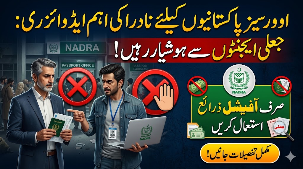 A featured post image for a WordPress blog, titled "NADRA Advisory for Overseas Pakistanis: Avoid Fake Agents." It uses clear Urdu typography (including "اوورسیز پاکستانیوں کیلئے نادرا کی اہم ایڈوائزری" and "جعلی ایجنٹوں سے ہوشیار رہیں!") to warn readers against unauthorized agents. The design features a professional NADRA official, a deceptive 'fake agent' figure with a red 'X' mark, and a call-to-action button, effectively conveying an urgent warning about fraudulent services.