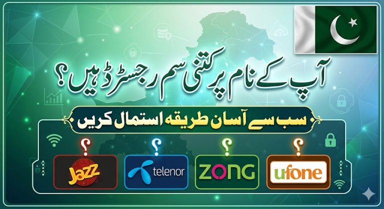 Urdu featured image showing Pakistani mobile users how to check SIM owner details and registered SIMs on CNIC for Jazz Telenor Zong and Ufone