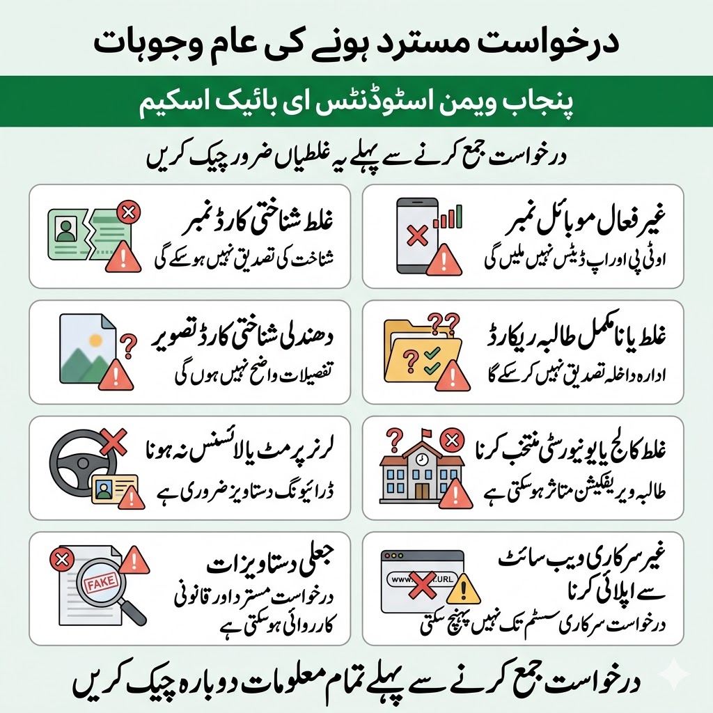 Punjab Women Students E-Bike Scheme 2026 – Apply, Eligibility & Rs 2,100 Installment Guide 12 Common reasons Punjab women students e-bike scheme applications may be rejected, including wrong CNIC, inactive mobile number, blurry documents, and fake records