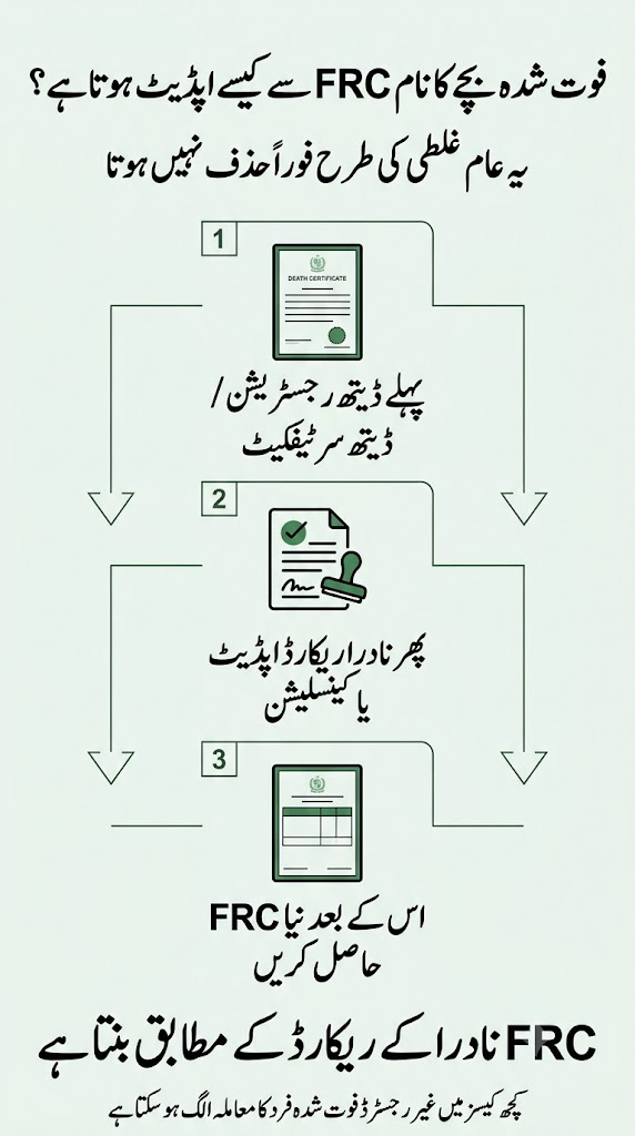 Urdu summary image explaining how to update NADRA FRC after a deceased child through death registration and record cancellation