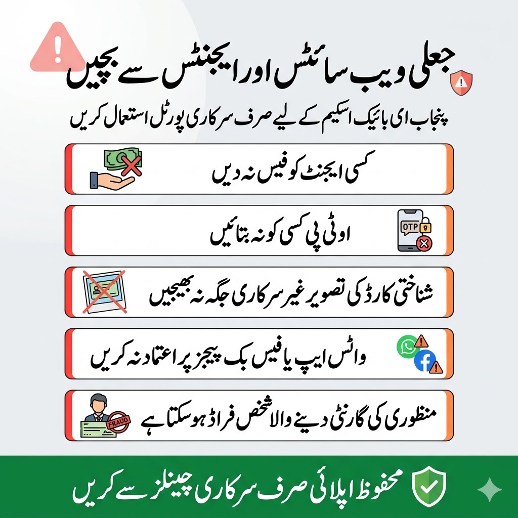 Punjab Women Students E-Bike Scheme 2026 – Apply, Eligibility & Rs 2,100 Installment Guide 13 Safety warning for Punjab women students e-bike scheme advising users not to pay agents, share OTP, send CNIC photos, or use fake websites