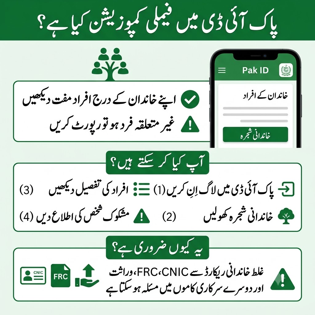 Urdu infographic explaining NADRA Family Composition in Pak Identity app and why checking family record is important