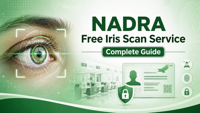 Illustration of NADRA free iris scan service in Pakistan showing biometric eye scanning for secure identity verification.