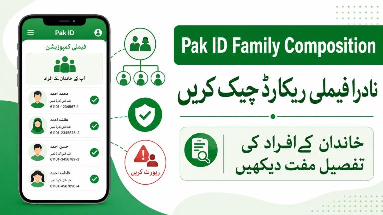 Urdu guide image showing how to check NADRA Family Composition in Pak Identity app and report an intruder