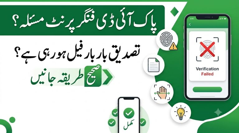 Urdu guide image explaining how to fix Pak ID fingerprint verification failed problem with lighting, white background, and camera distance