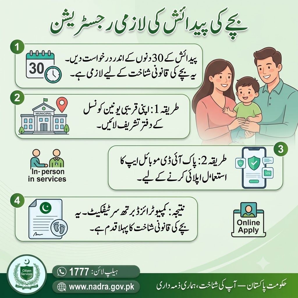 Why Birth Registration Within One Month Is Important in Pakistan? 2 A detailed infographic in Urdu from the Government of Pakistan outlining the mandatory child birth registration process. It presents a four-step guide: applying within 30 days of birth for legal identity, visiting a local Union Council for in-person services, using the Pak ID mobile app for online application, and obtaining a computerized birth certificate. The image includes illustrations of a happy family, a municipal building, a smartphone with shields, a certificate with baby footprints, and the Citizen Services seal with Helpline 1777 and the NADRA website.