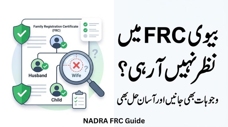 Urdu featured image explaining why a wife may not appear in the NADRA Family Registration Certificate and how to fix the issue.