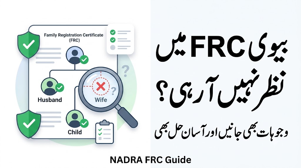 Urdu featured image explaining why a wife may not appear in the NADRA Family Registration Certificate and how to fix the issue.