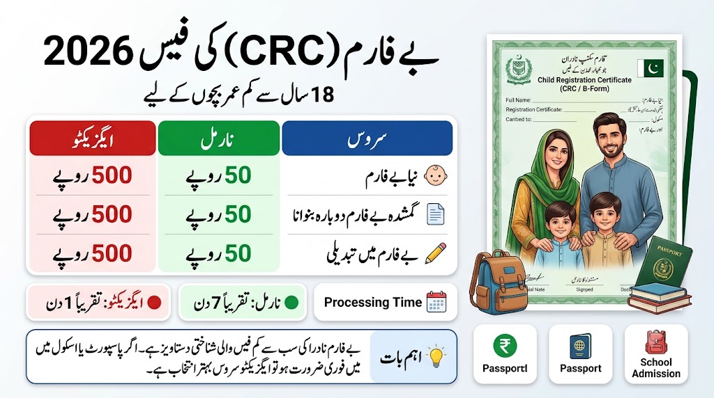 Urdu infographic showing the NADRA CRC (B-Form) fee structure in Pakistan for 2026, including new issuance, duplicate, and modification fees with normal and executive processing times for children under 18.