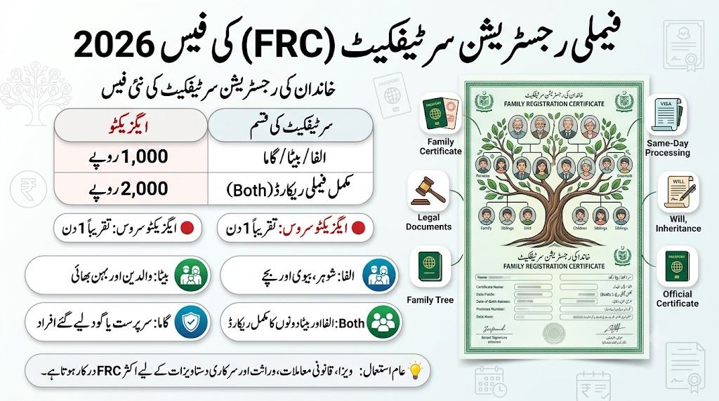 Urdu infographic showing the NADRA Family Registration Certificate (FRC) fee structure in Pakistan for 2026, including Alpha, Beta, Gama, and Both family record certificate charges with one-day executive processing.