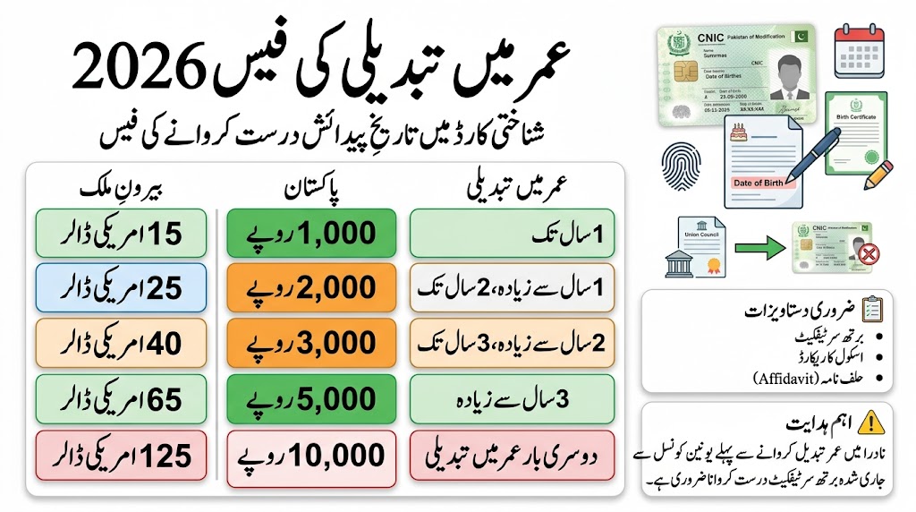 Urdu infographic showing the NADRA age modification fee structure for 2026, including fees in Pakistani rupees and US dollars based on the amount of age correction and second-time age change charges.
