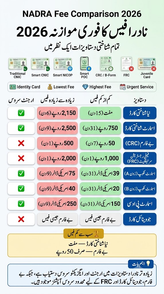 Vertical Urdu infographic comparing the lowest and highest NADRA fees in 2026 for CNIC, Smart NIC, CRC (B-Form), FRC, Smart NICOP, Smart POC, and Juvenile Card, including processing times and urgent service availability.