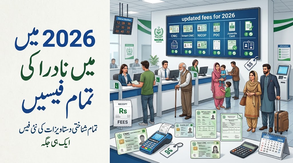 Illustration showing the NADRA Fee Structure 2026 for CNIC, Smart CNIC, NICOP, POC, B-Form (CRC), Juvenile Card, and Family Registration Certificate (FRC) in Pakistan.