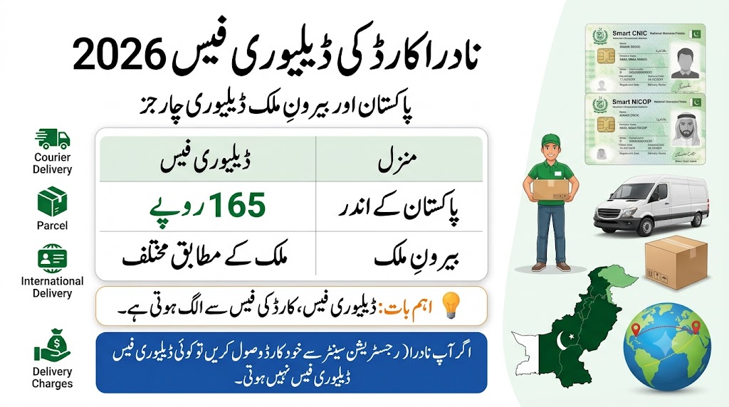 Horizontal Urdu infographic showing NADRA identity card delivery charges for Pakistan and overseas, including courier fees and information about free collection from a NADRA Registration Center.