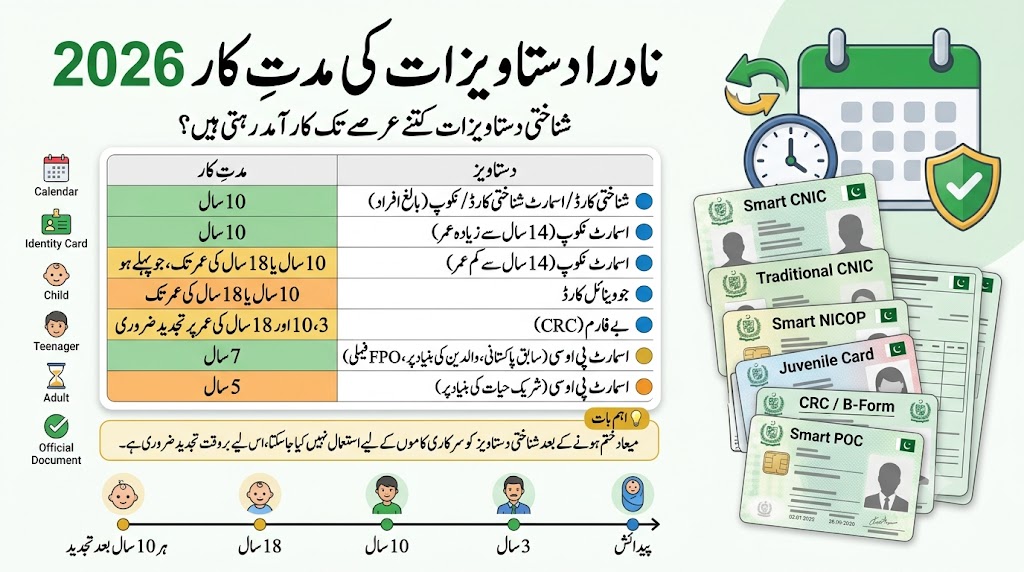 Horizontal Urdu infographic showing the validity periods of NADRA identity documents, including CNIC, Smart NIC, NICOP, Juvenile Card, CRC (B-Form), and Smart POC with renewal timelines and expiry information.