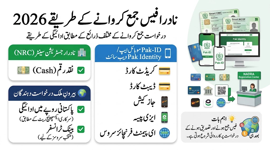Horizontal Urdu infographic showing NADRA payment methods for 2026, including cash payments at NRCs, credit and debit cards, JazzCash, Easypaisa, Pak-ID online payments, and overseas bank transfer options.