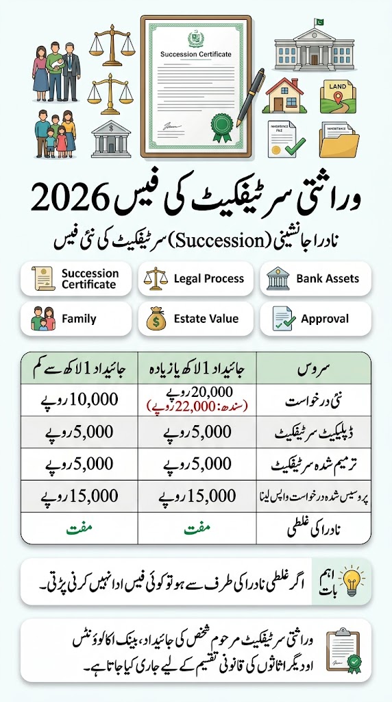 Vertical Urdu infographic showing the NADRA succession certificate fee structure for 2026, including new, duplicate, amended, declined applications, office mistake cases, and fees based on estate value.