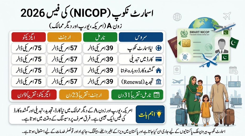 Urdu infographic showing the NADRA Smart NICOP fee structure for Zone A in 2026, including new issuance, renewal, modification, and duplicate card fees in US dollars with normal, urgent, and executive processing times.