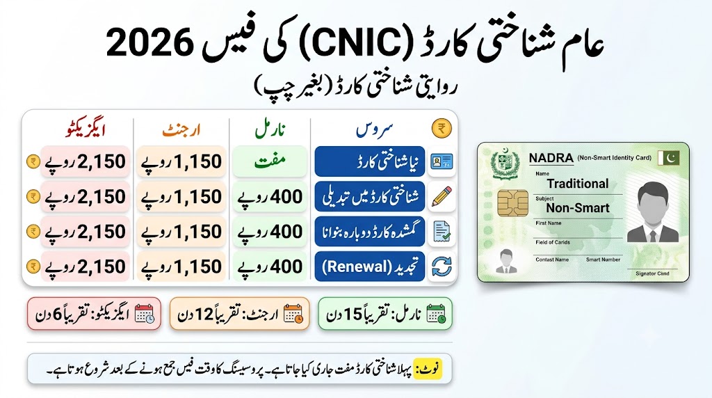 Urdu infographic showing the Traditional CNIC nadra fee structure in Pakistan for 2026, including charges for new CNIC issuance, renewal, modification, and duplicate card with normal, urgent, and executive processing times.