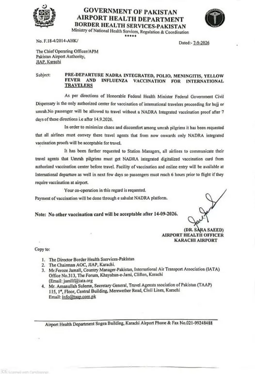 NADRA Vaccination Certificate Now Mandatory for International Travel from September 14, 2026 3 Official Airport Health Department notification dated September 7 2026 mandating NADRA-integrated vaccination certificate for all international travellers from September 14 signed by Dr Sara Saeed Airport Health Officer Karachi Airport