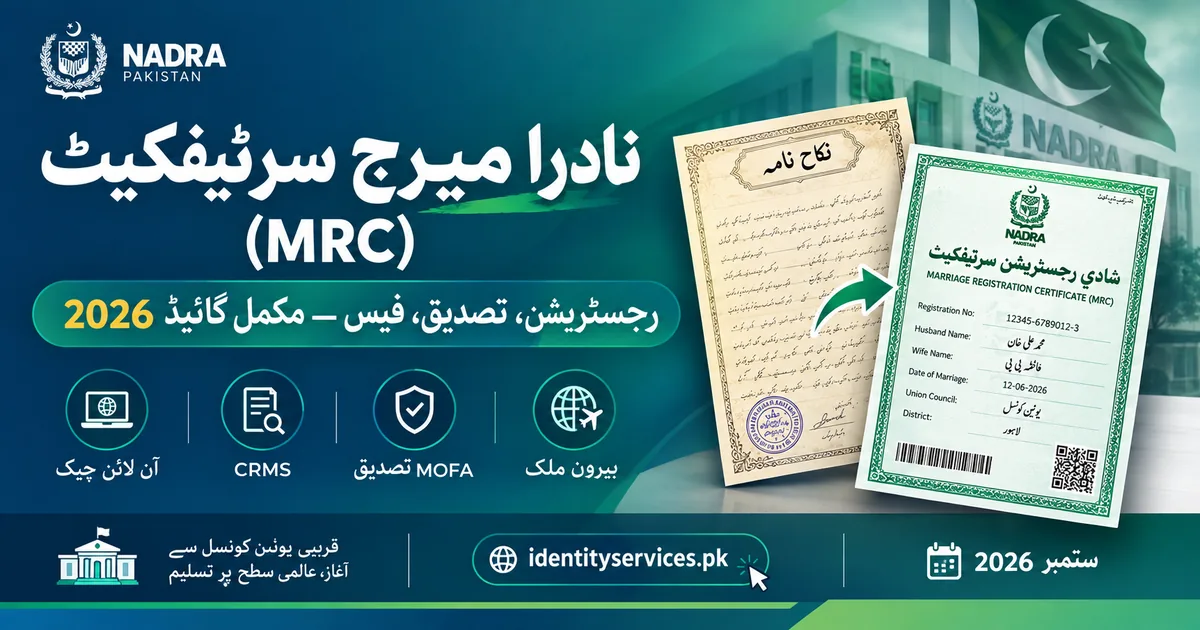 Urdu infographic showing 6-step process to get NADRA Marriage Registration Certificate from Nikah Nama registration at Union Council through CRMS data entry to MRC issuance with QR code and CNIC marital status update