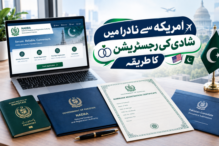 Official guide banner in Urdu: امریکہ سے نادرا میں شادی کی رجسٹریشن کا طریقہ (How to Register Marriage with NADRA from the US) displayed on a professional workspace mockup.