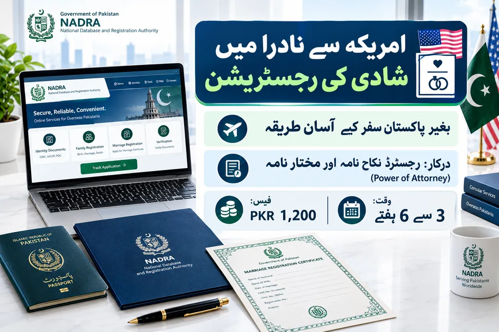 How to Register Marriage with NADRA from the United States 2 Infographic guide in Urdu showing requirements, fee (PKR 1,200), and timeline (3-6 weeks) for registering a NADRA marriage certificate from the US.