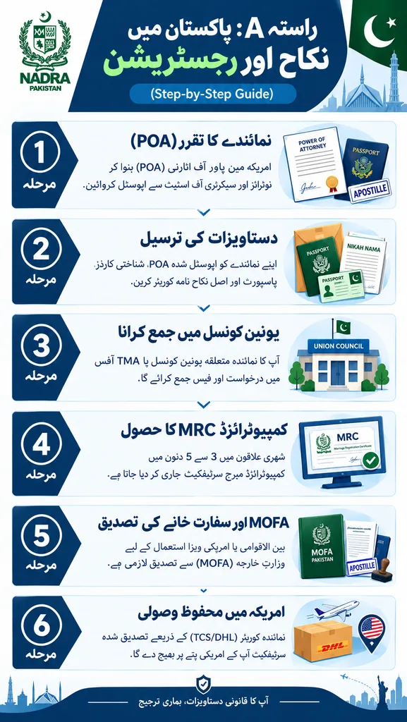 How to Register Marriage with NADRA from the United States 5 Vertical step-by-step infographic in Urdu explaining Path A for registering and obtaining a NADRA Marriage Certificate from the US when married in Pakistan.