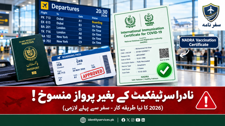 NADRA vaccination certificate shown with Pakistani passport and airport departure information