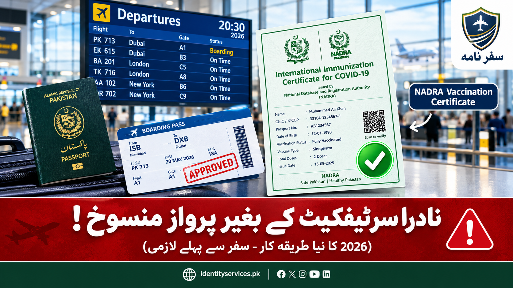 NADRA Vaccination Certificate Now Mandatory for International Travel from September 14, 2026 1 NADRA vaccination certificate shown with Pakistani passport and airport departure information